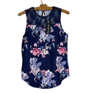 New Beyove Women's Size S Small Navy Floral & Lace Sleeveless Top Poly/Spandex